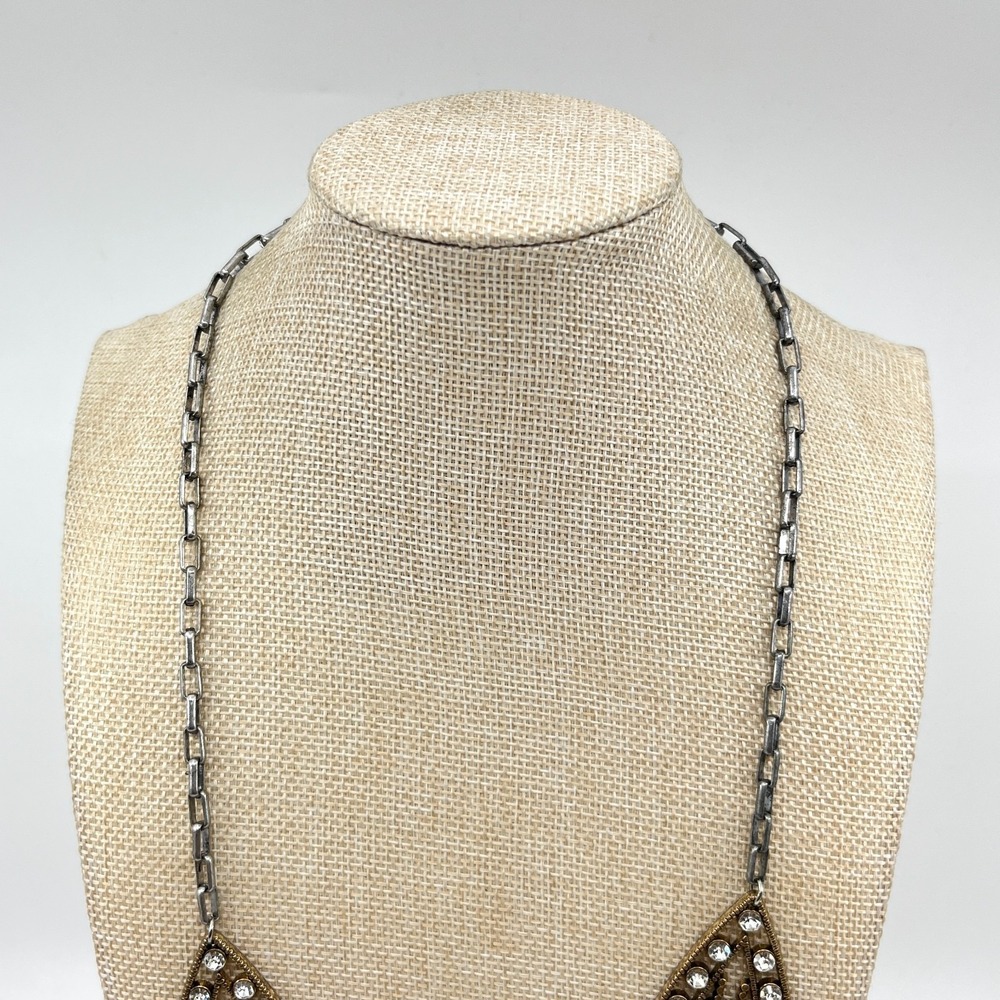 VTG Plunder Mixed Metal Tiered Drape Necklace Bronze & Silver Tone Rhinestone - Picture 11 of 15